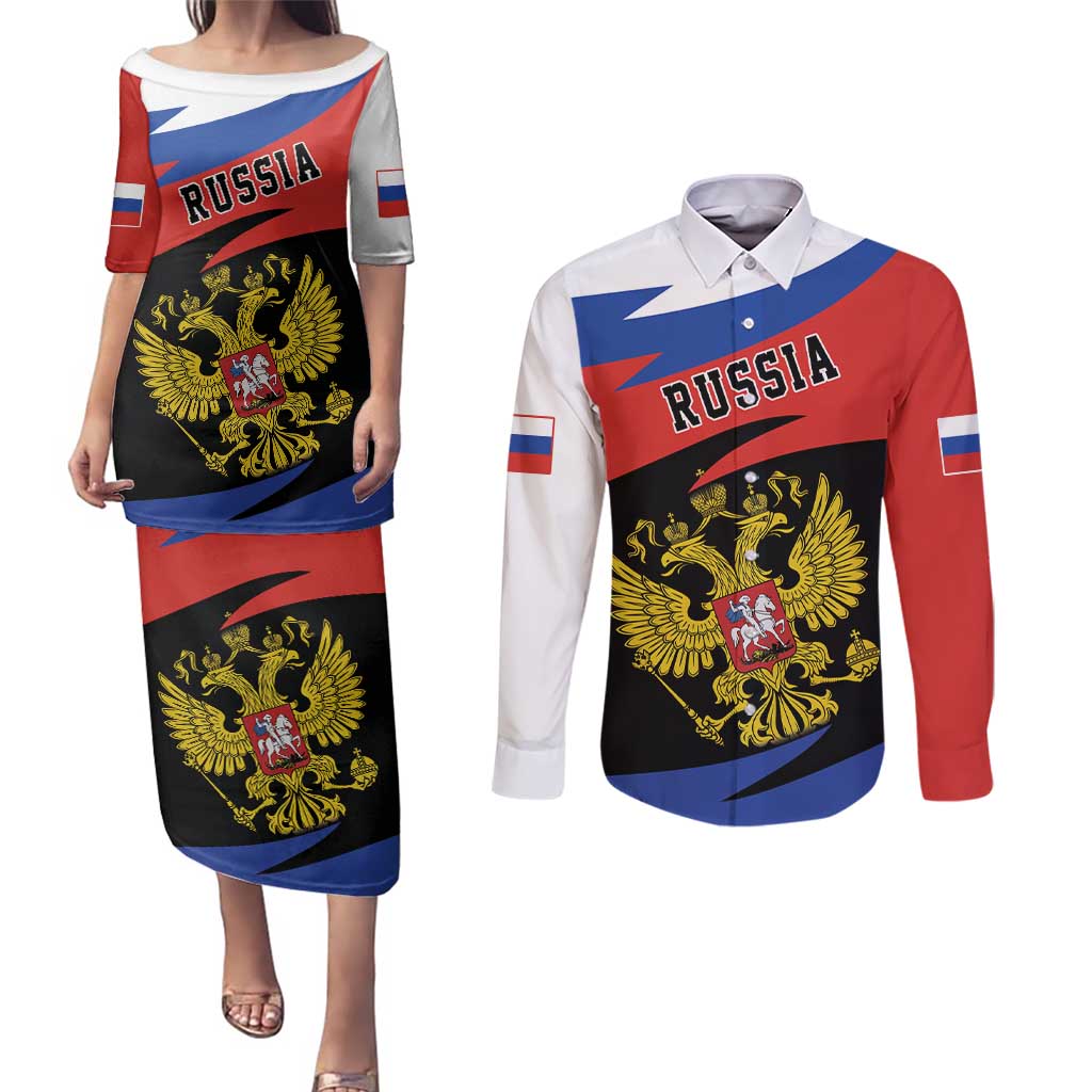 Russia Coat of Arms Couples Matching Puletasi and Long Sleeve Button Shirt Russian Eagle Two Heads Simple Style