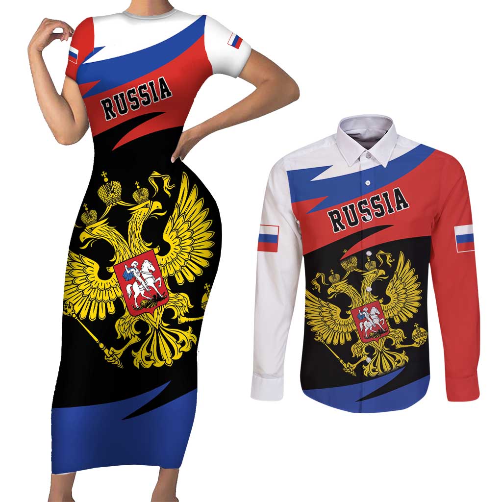 Russia Coat of Arms Couples Matching Short Sleeve Bodycon Dress and Long Sleeve Button Shirt Russian Eagle Two Heads Simple Style