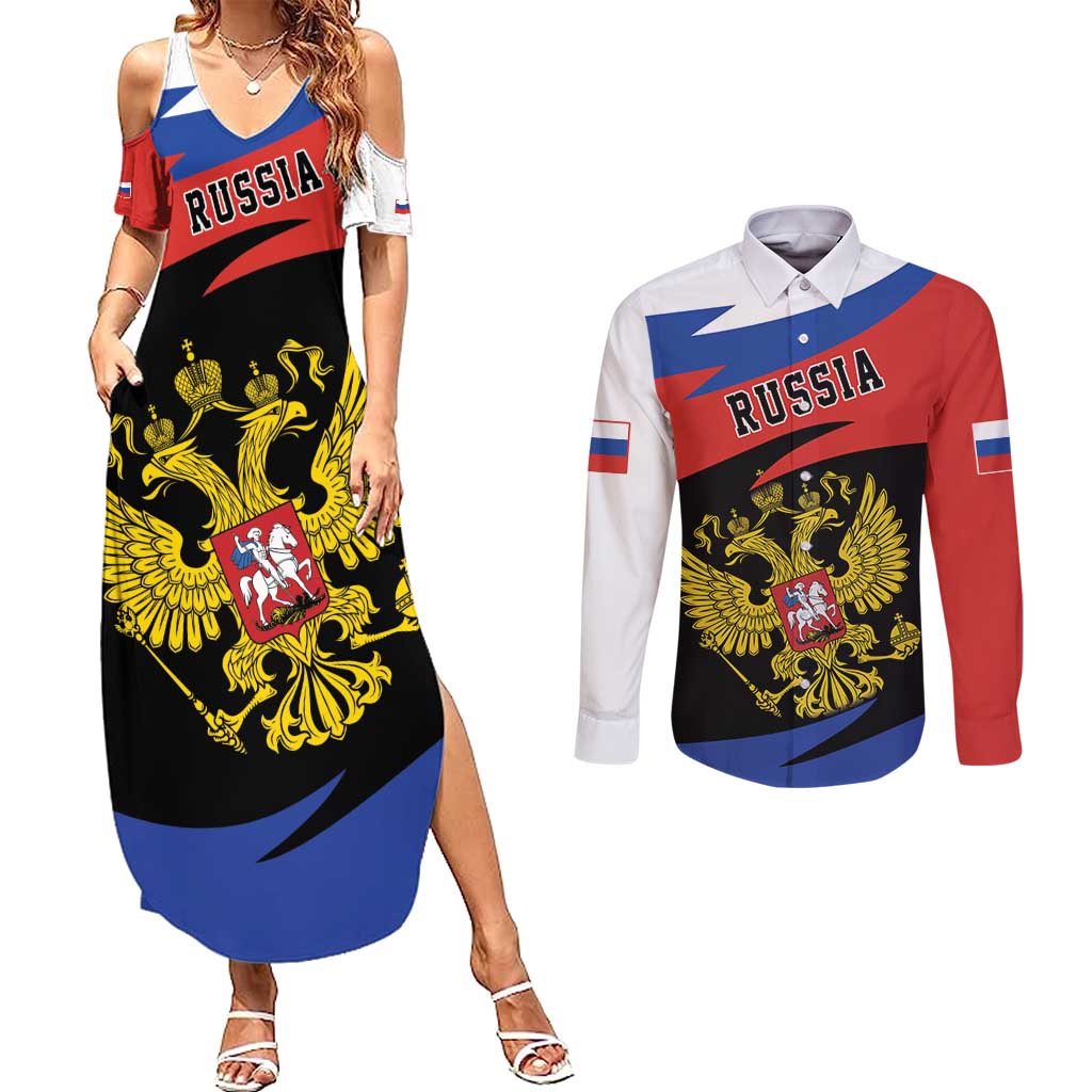 Russia Coat of Arms Couples Matching Summer Maxi Dress and Long Sleeve Button Shirt Russian Eagle Two Heads Simple Style