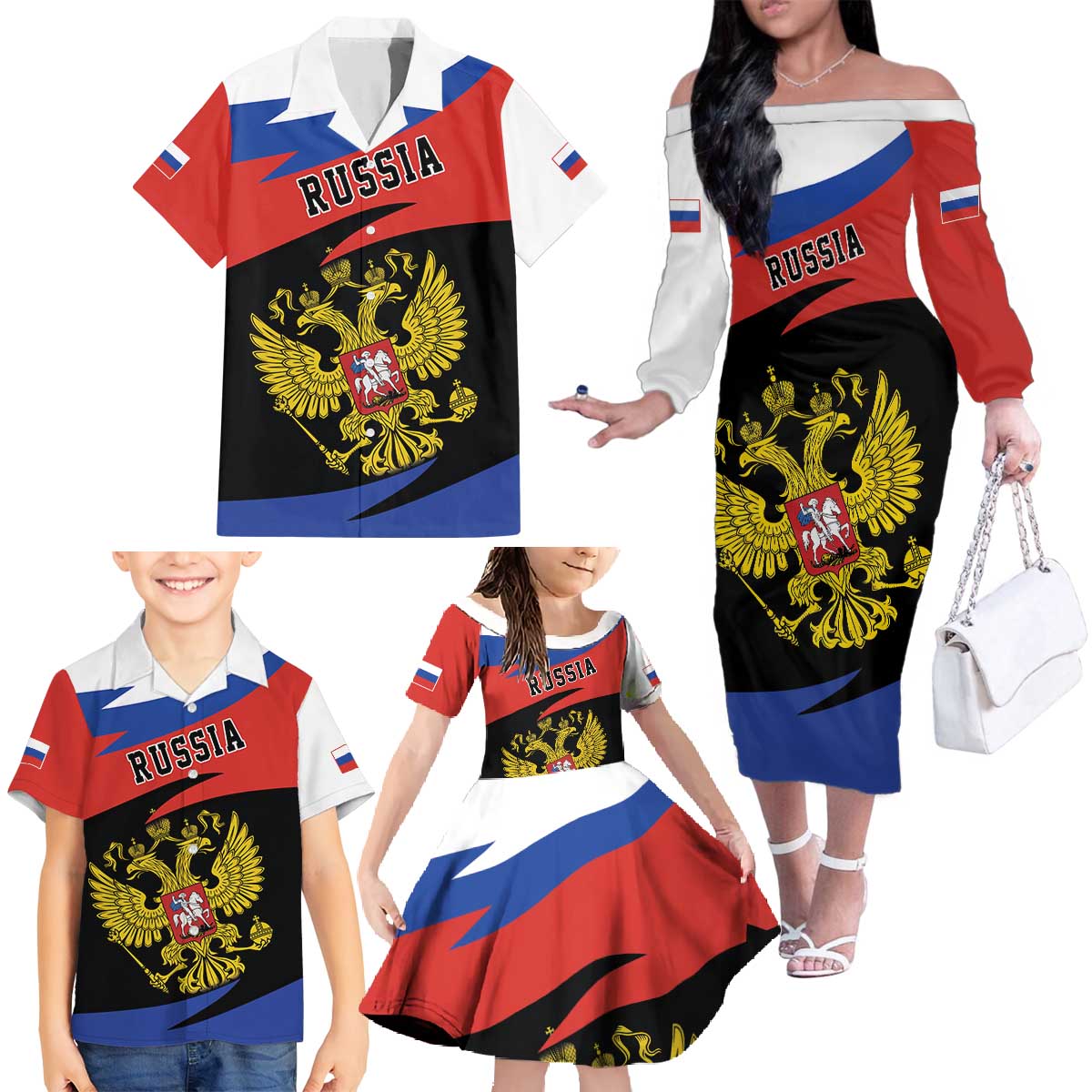 Russia Coat of Arms Family Matching Off The Shoulder Long Sleeve Dress and Hawaiian Shirt Russian Eagle Two Heads Simple Style