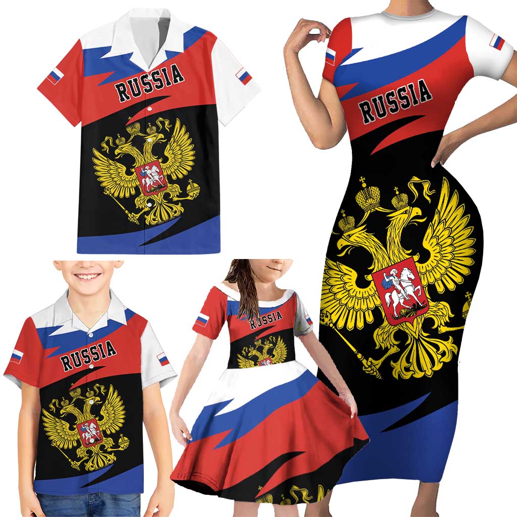 Russia Coat of Arms Family Matching Short Sleeve Bodycon Dress and Hawaiian Shirt Russian Eagle Two Heads Simple Style LT17 - Wonder Print Shop