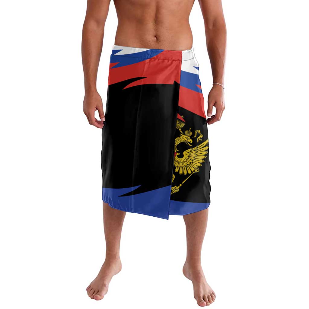 Printed knee-length swim shorts with Russian flag panels and two-headed eagle emblem