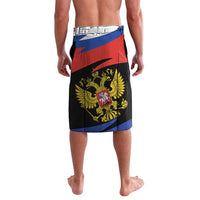 Knee-length swim shorts with elastic waistband and Russian flag eagle graphic