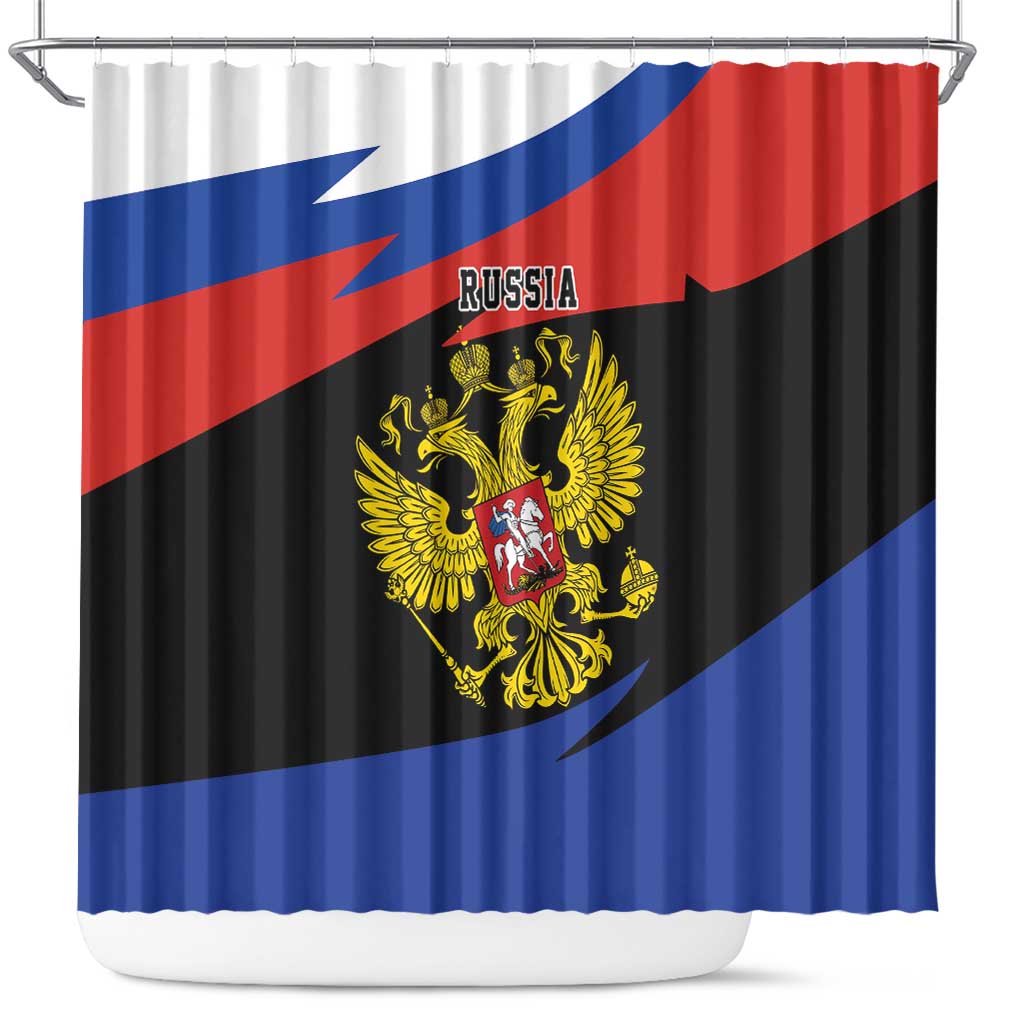 Russia flag shower curtain with gold two-headed eagle crest and RUSSIA text, striped