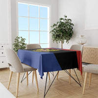 Russia coat of arms tablecloth draped over dining table, red blue and black stripes