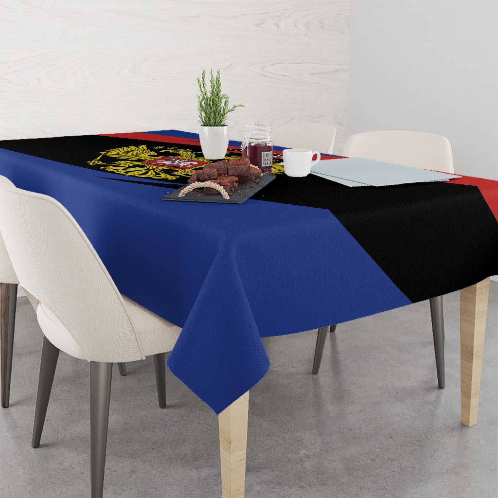 Russia coat of arms tablecloth on dining table with eagle emblem and blue drape