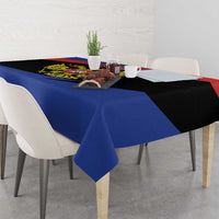 Russia coat of arms tablecloth on dining table with eagle emblem and blue drape