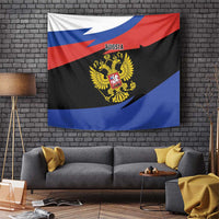Rectangular Russia flag tapestry with two-headed eagle crest in gold, blue red and black