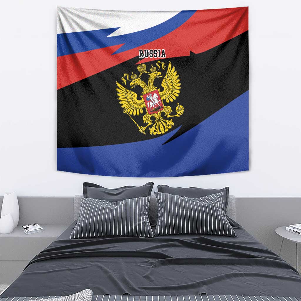 Rectangular Russia flag tapestry with Russia text and two-headed eagle crest, blue red black