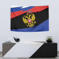 Rectangular Russia flag tapestry featuring two-headed eagle crest and Russia label, blue red black