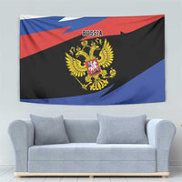 Rectangular Russia flag tapestry with two-headed eagle crest centered, blue red and black