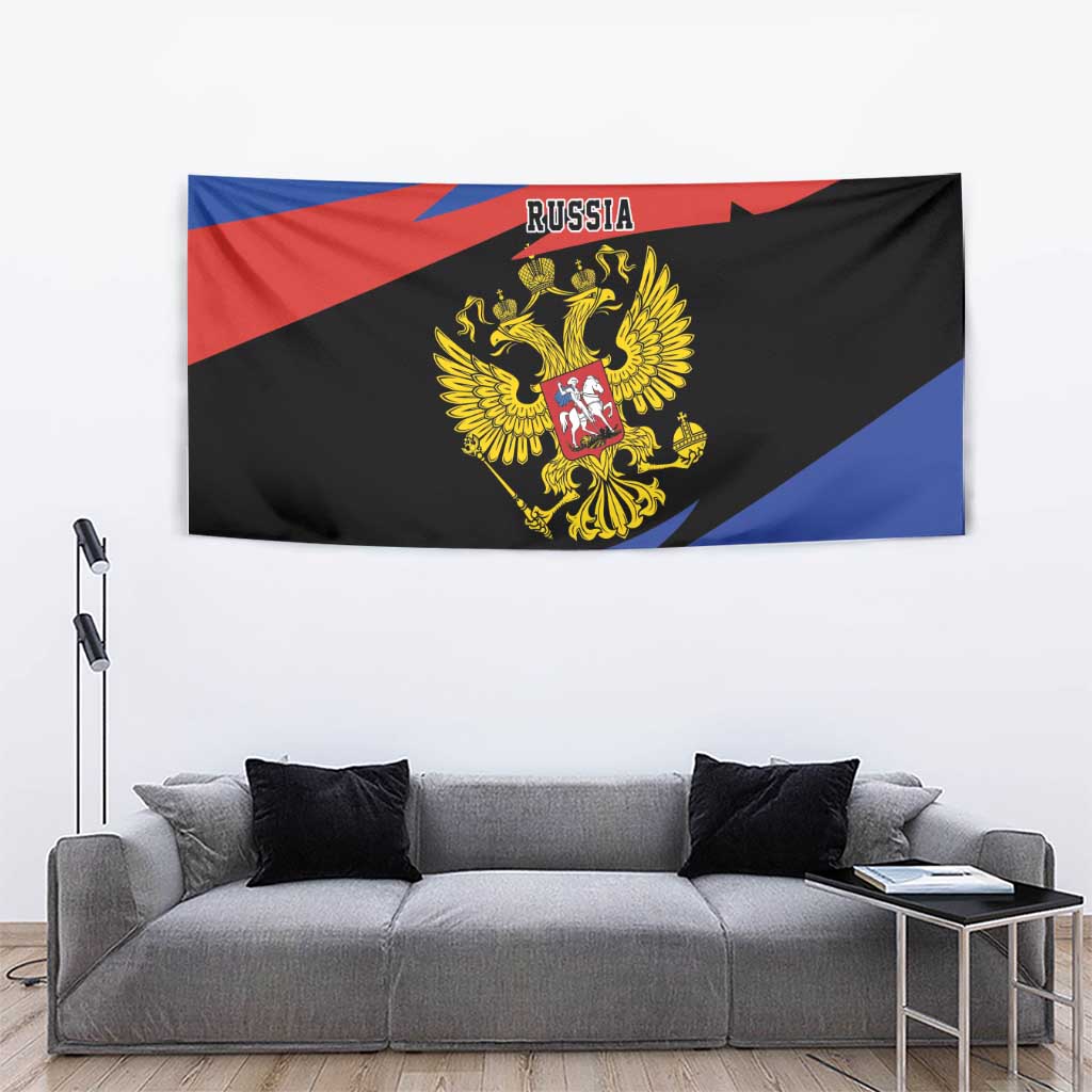 Rectangular Russia flag tapestry showing two-headed eagle crest and Russia text, blue red black