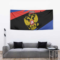 Rectangular Russia flag tapestry showing two-headed eagle crest and Russia text, blue red black