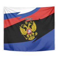Square Russia flag tapestry with two-headed eagle crest, blue red white and black