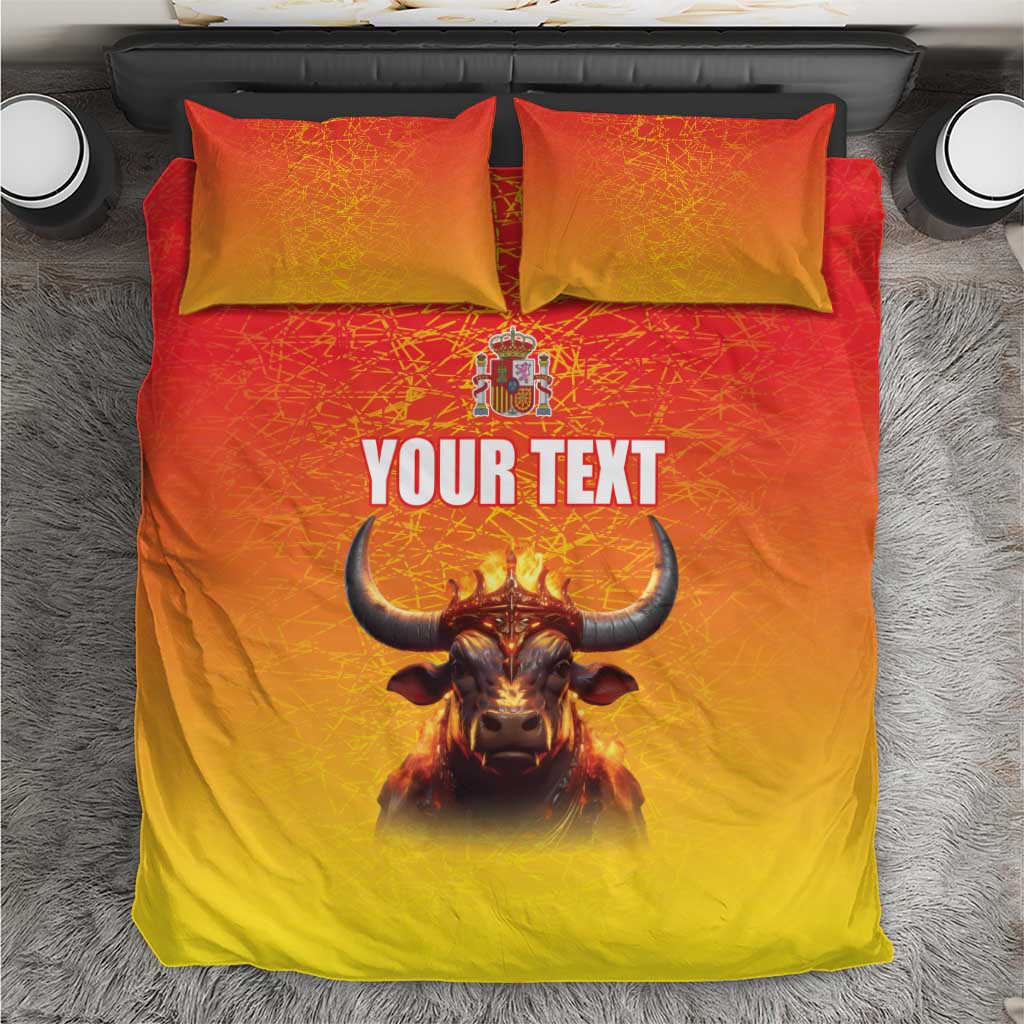 Personalized Spain bull bedding set with crown emblem on red-to-yellow duvet and 2 pillowcases