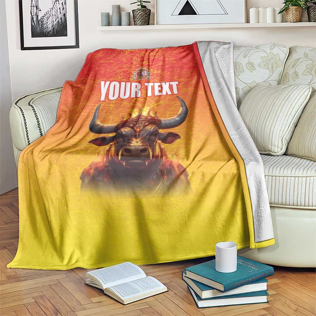 Personalized Spain blanket with crowned bull, coat of arms, and 'YOUR TEXT' print
