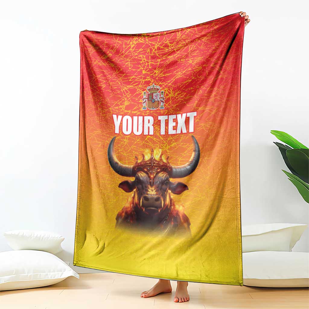 Personalized Spain blanket draped with crowned bull, coat of arms, and 'YOUR TEXT'