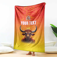 Personalized Spain blanket draped with crowned bull, coat of arms, and 'YOUR TEXT'