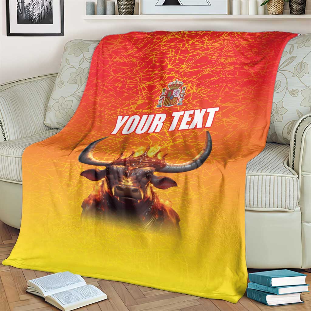 Personalized Spain blanket with crowned bull and 'YOUR TEXT' on red-to-yellow background