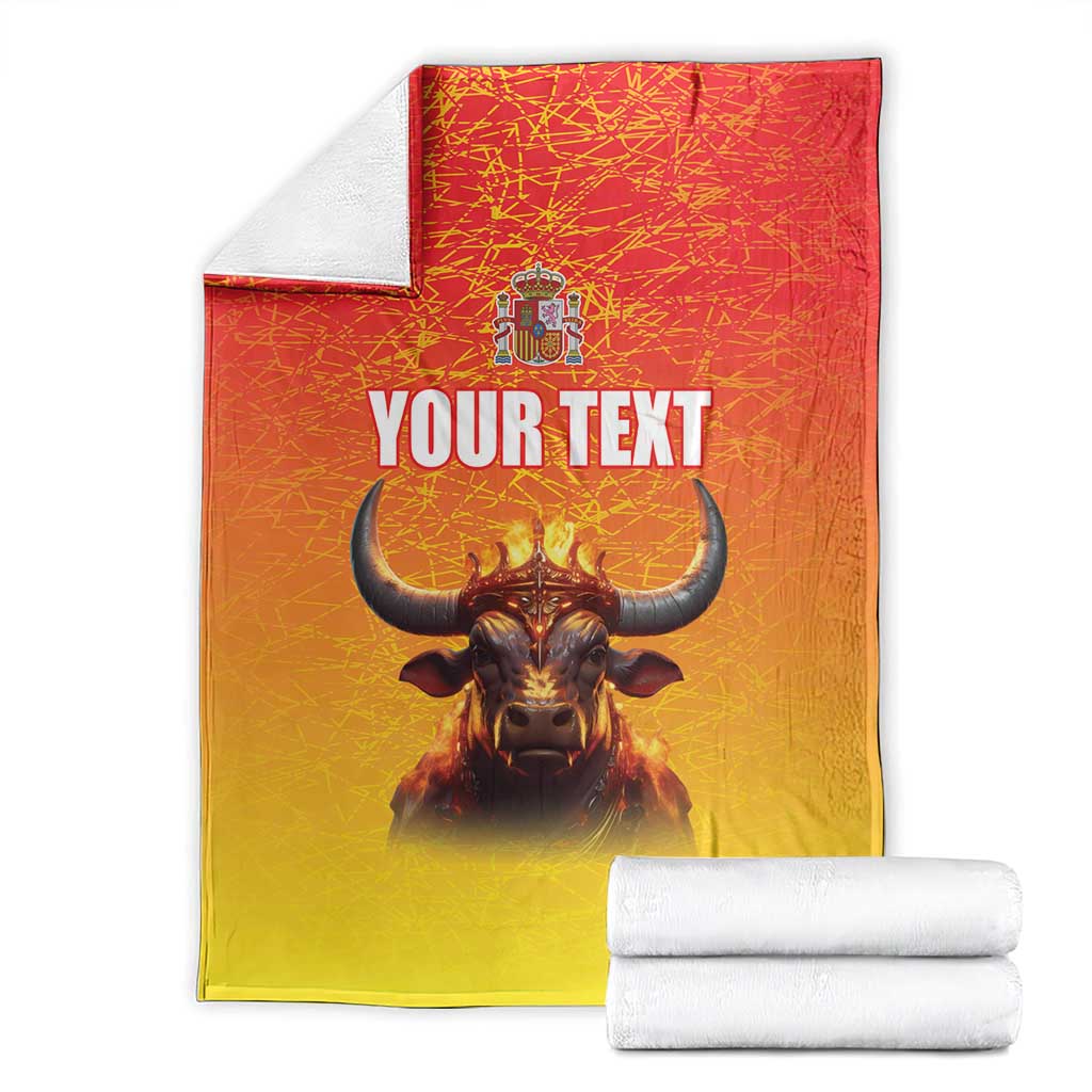Personalized Spain blanket folded with crowned bull, coat of arms, and 'YOUR TEXT'