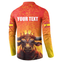 Red long-sleeve button polo sweatshirt with YOUR TEXT back, bull head and crown flames
