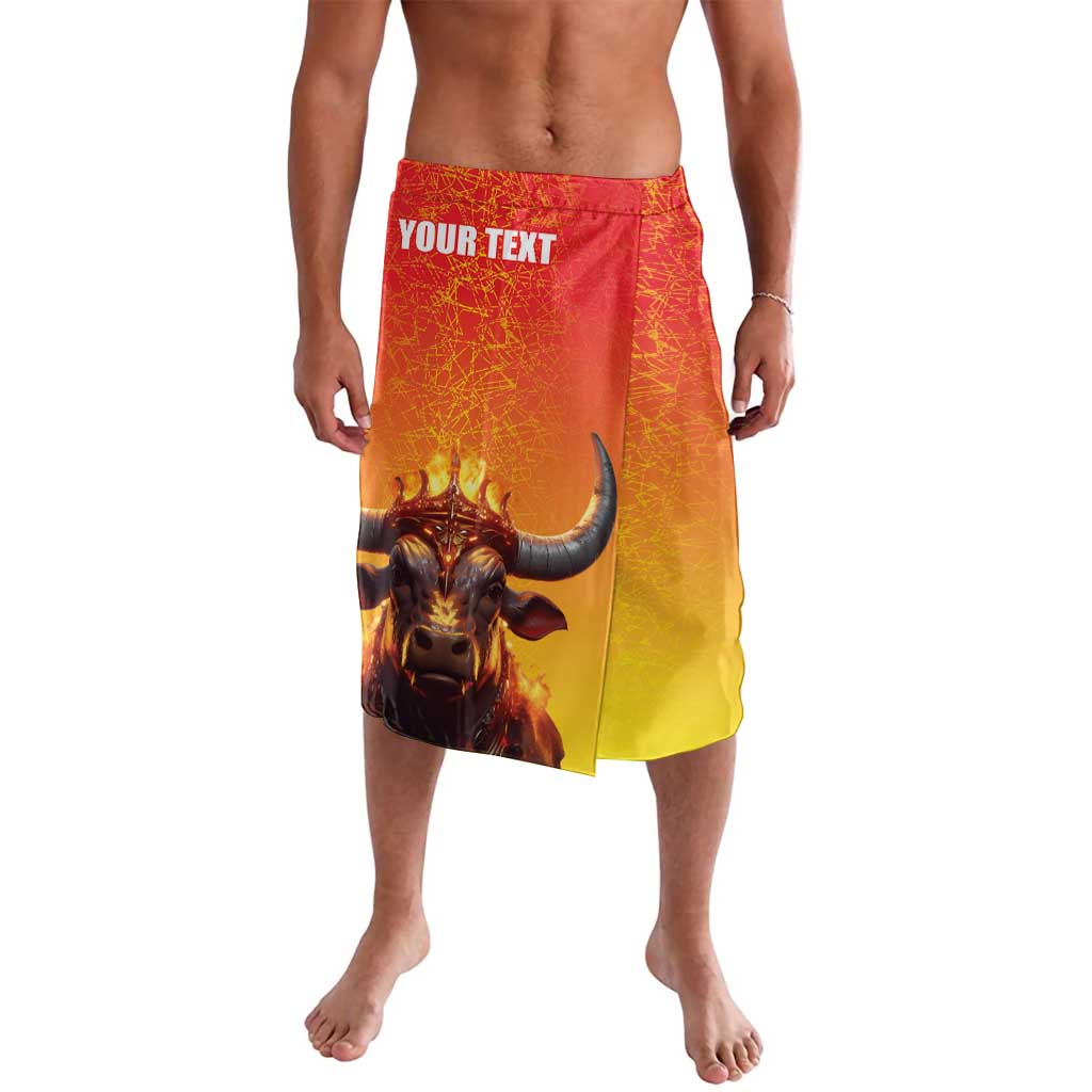 Personalized Spain flag lava lava skirt with bull and crown graphic, red and yellow, custom text