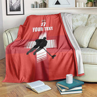 Red ice hockey blanket with hockey player silhouette, YOUR TEXT, and 17 graphic