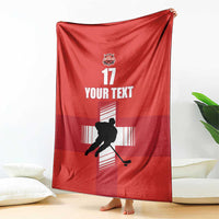 Red ice hockey blanket, printed hockey player with YOUR TEXT and 17, draped teepee style