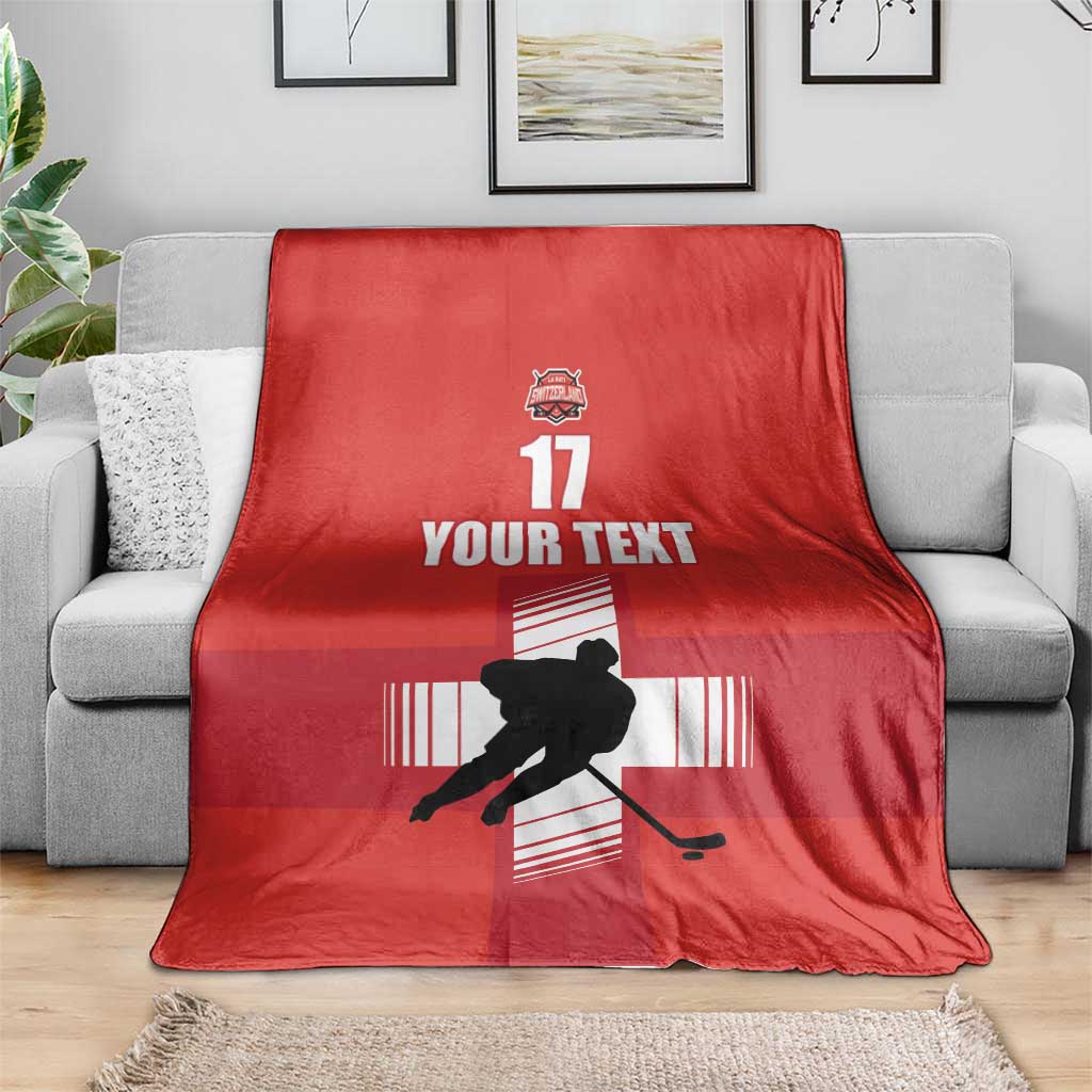 Red ice hockey blanket with hockey player silhouette, YOUR TEXT and 17 center print