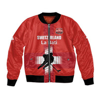 Red unisex ice hockey bomber jacket with front zipper and La Nati crest
