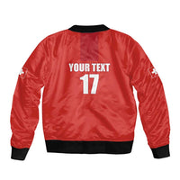 Red unisex ice hockey bomber jacket with back 'YOUR TEXT' and number 17