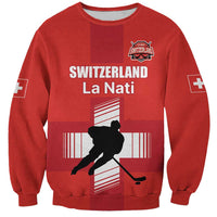 Red hockey sweatshirt with Switzerland La Nati front graphic