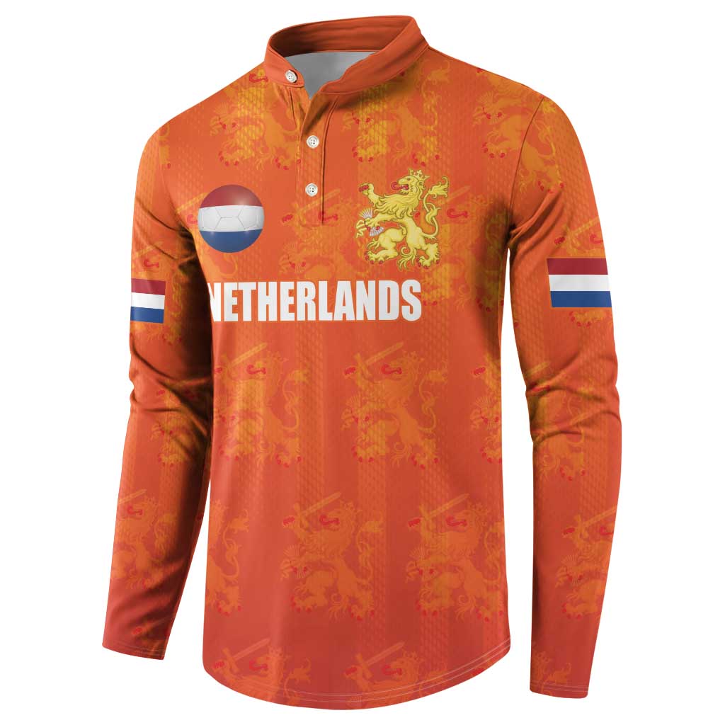Orange Netherlands football button sweatshirt, front view with flag sleeve stripes