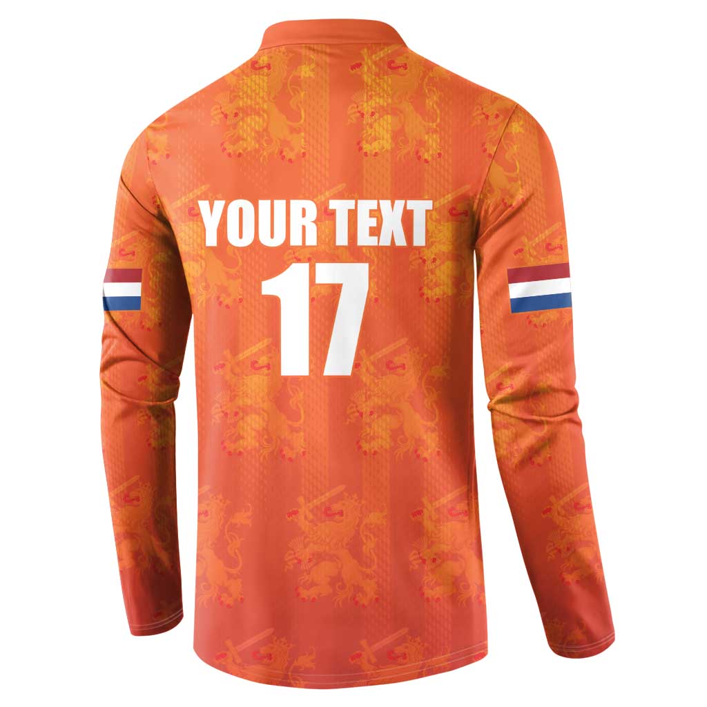 Orange Netherlands football button sweatshirt back with 'YOUR TEXT 17' and flag stripes