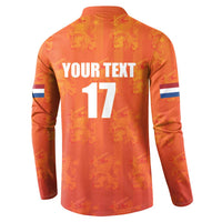 Orange Netherlands football button sweatshirt back with 'YOUR TEXT 17' and flag stripes