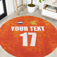 Orange round football rug with YOUR TEXT, number 17, Netherlands flag and lion crest