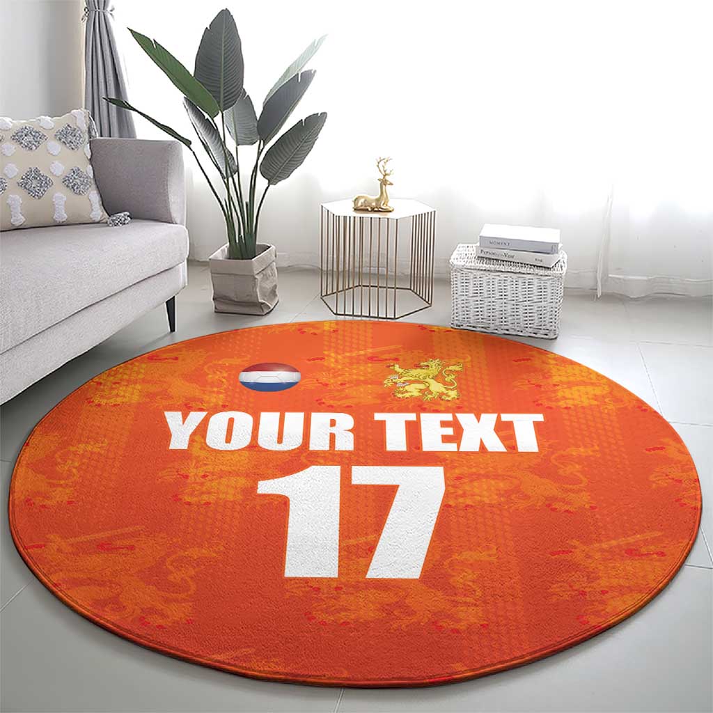 Orange round football rug with YOUR TEXT and large 17, Netherlands flag and lion crest
