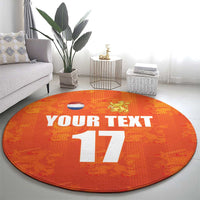 Orange round football rug with YOUR TEXT and large 17, Netherlands flag and lion crest