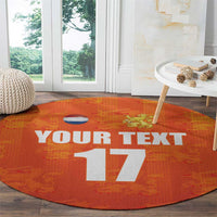 Orange round football rug with YOUR TEXT and 17, Netherlands flag icon and lion crest