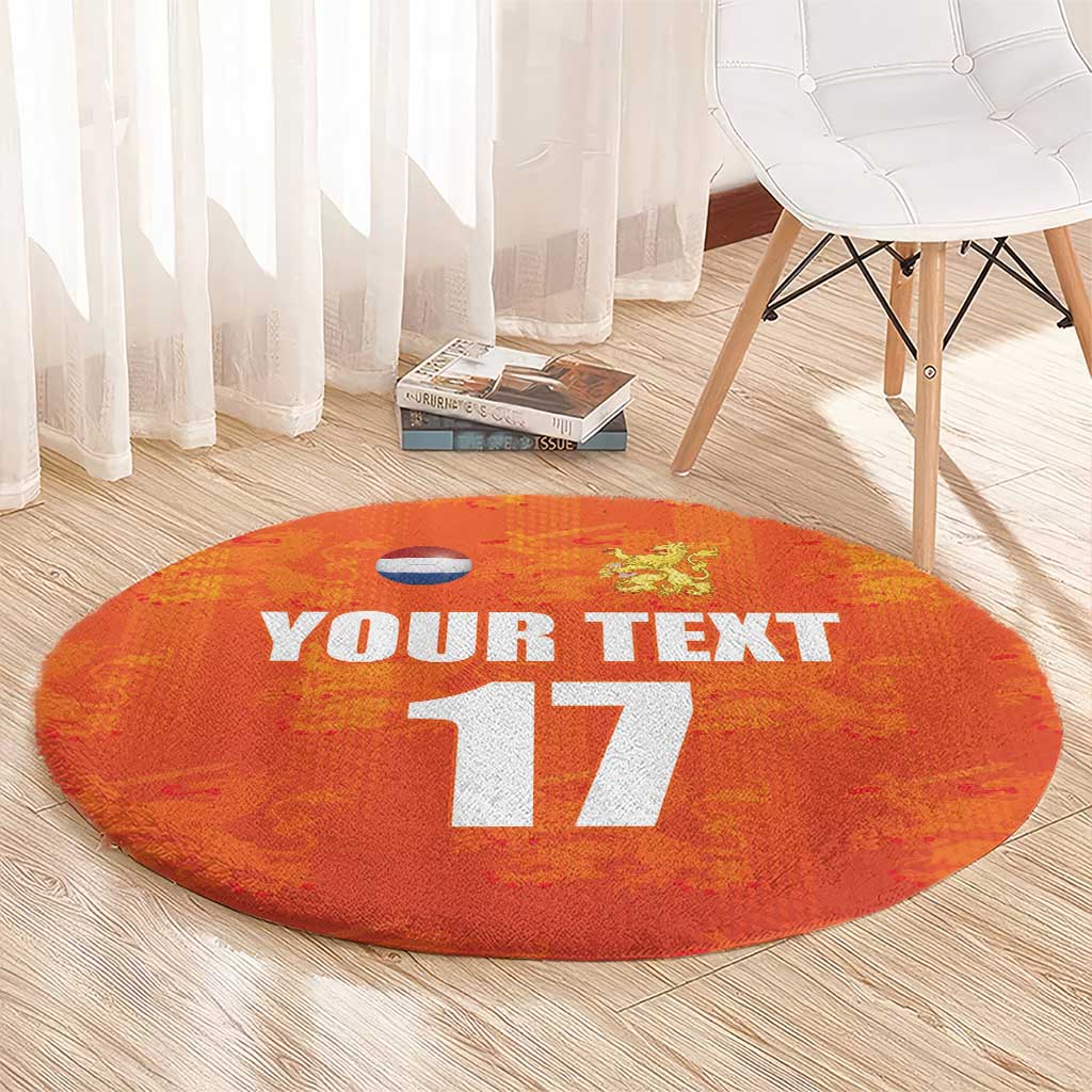 Orange round football rug with YOUR TEXT and 17 design, Netherlands flag and lion crest