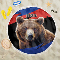 Round beach blanket with Russia bear print and fringed white edge