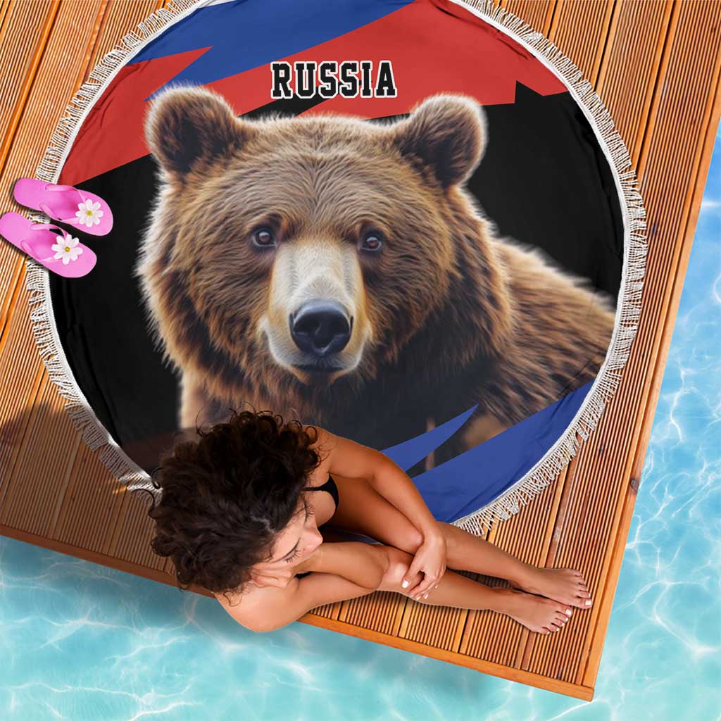 Round blanket with bear and Russia emblem, fringed edge on bamboo mat