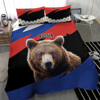Brown bear face duvet with Russia graphic and daisy trim; two square pillows