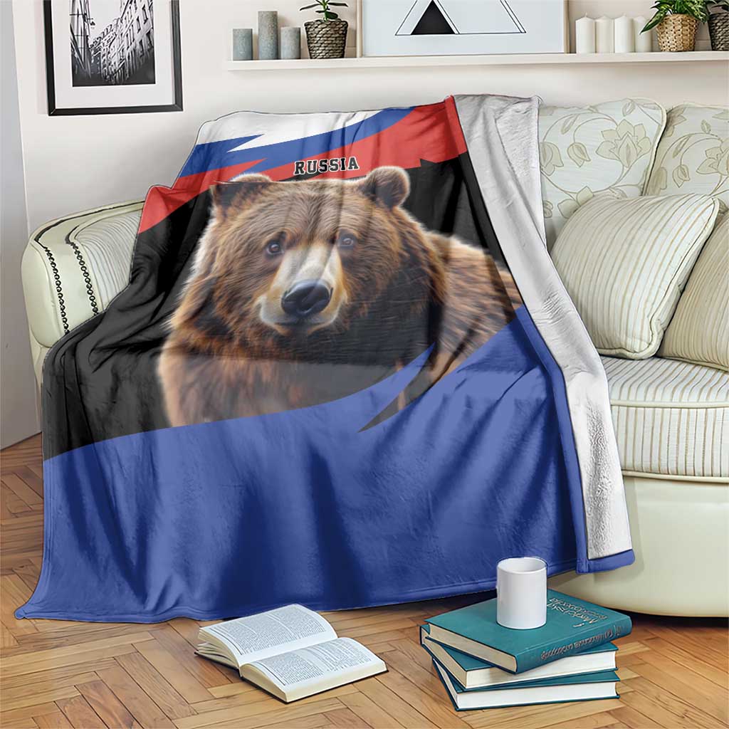 Brown bear blanket with Russia flag print, blue red black, large bear face