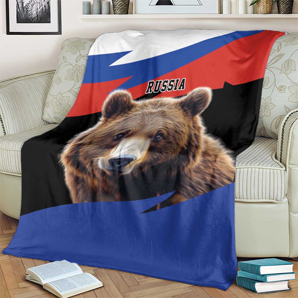 Brown bear blanket with Russia flag print, close drape over couch, bear portrait