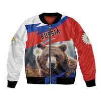 Unisex bomber jacket with bear face print, daisies, Russia flag panels, front zipper