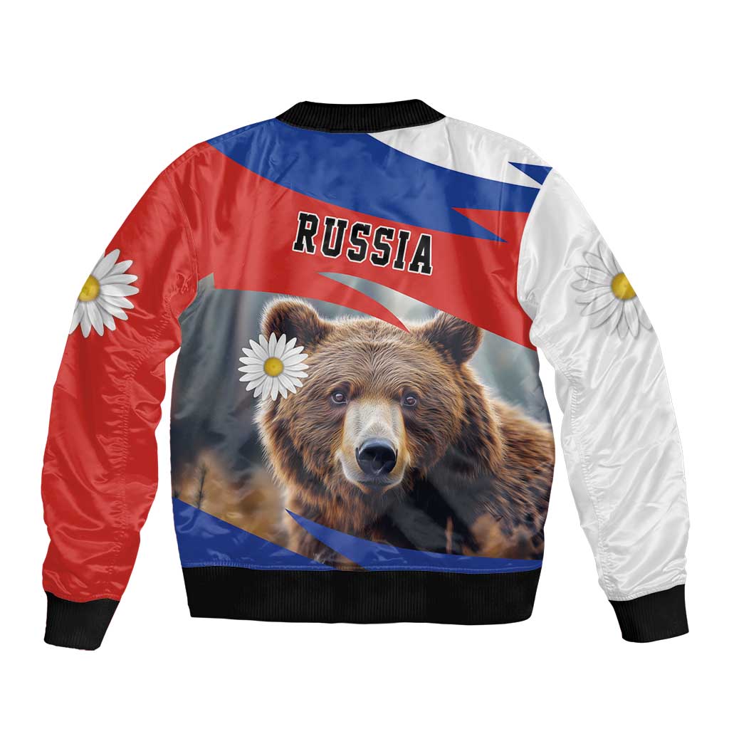 Unisex bomber jacket with bear face graphic, daisies, Russia flag panel design, ribbed hem