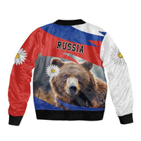 Unisex bomber jacket with bear face graphic, daisies, Russia flag panel design, ribbed hem