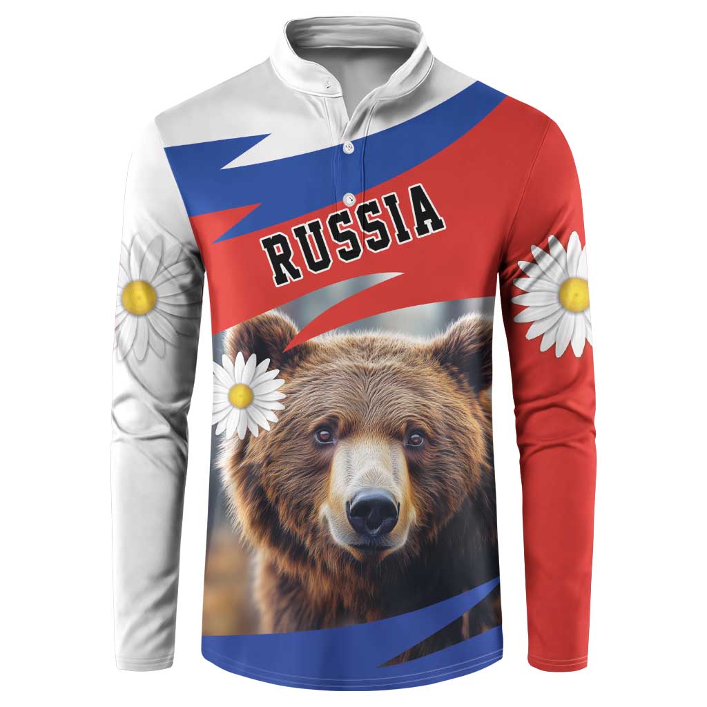 Russia button sweatshirt, front view, brown bear face with chamomile flowers, red/white/blue