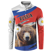 Russia button sweatshirt, front view, brown bear face with chamomile flowers, red/white/blue